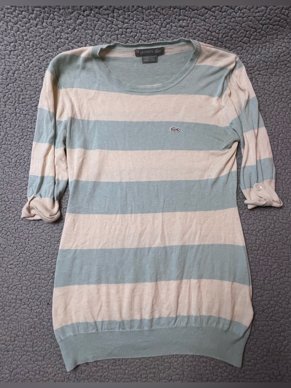 Lacoste Striped Knit Pullover Sweater Womens Size 40 Blue Beige Silk Cashmere